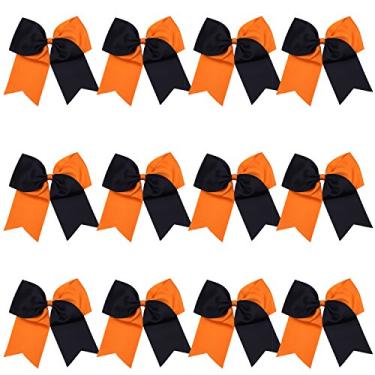 Imagem de 20 cm 2 cores jumbo laços de líder de torcida suporte de rabo de cavalo laços de líder de torcida cabelo 12 peças (laranja/preto)