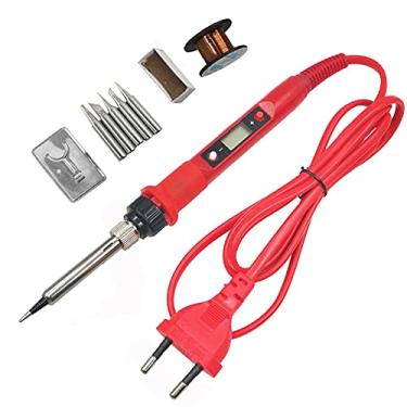 Imagem de XuuSHA Kit de ferro de solda elétrico de 80 W, kit de ferro de solda digital elétrica, ferramenta de solda de cerâmica, pontas de solda de cerâmica, braçadeiras de ferramentas de solda ajustáveis em temperatura (cor: conjunto vermelho de 80 W)