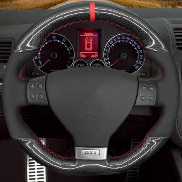 Imagem de LAVIYE DIY mão-costurado preto camurça de fibra de carbono tampa do volante do carro, para Volkswagen Golf 5 Mk5 GTI VW Golf 5 R32 Passat R GT 2005