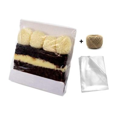 Imagem de Kit 50 Slice Cake Embalagem p/ fatia de Bolo c/ Celofane + Fio de juta Branco 12x12cm