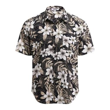 Imagem de COOFANDY Camisa masculina havaiana tropical de botão manga curta vintage floral, Folhas amarelas e flores brancas, XXG