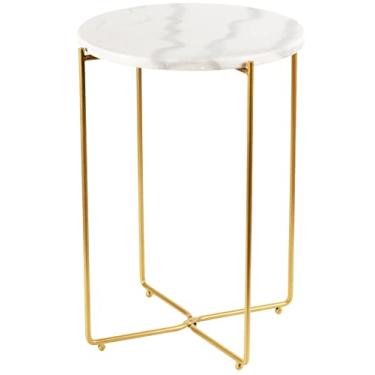 Imagem de Mesa de canto lateral redonda de metal dourado com tampo de mármore real de 38 cm com cabeceira moderna Lightweiht suporte para plantas para sala de estar, quarto, espaço pequeno