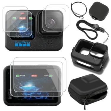 Imagem de Protetor de tela compatível com GoPro Hero 12/11/10/9 preto, filme de vidro temperado, cobertura total com capa de silicone e capa rígida para armazenamento de viagem
