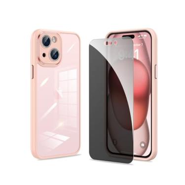 Imagem de Capa para iPhone 15 Plus rosa transparente fofa com glittery capa protetora de lente de câmera fixa 1x protetor de tela de privacidade de silicone de vidro temperado à prova de choque capas finas para iphone 15 plus meninas mulheres rosa