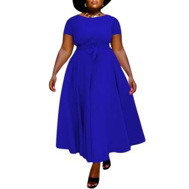 Imagem de WUSENST Vestidos formais plus size para mulheres curvilíneas manga 3/4 evasê, estampa rodada, bolsos maxi vestidos, Sy002-azul, 3G