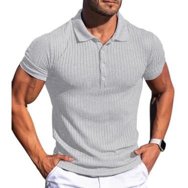 Imagem de Askdeer Camisas polo masculinas manga longa/curta slim fit camisas polo clássicas stretch camisetas de golfe, A08 Cinza, P