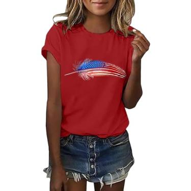 Imagem de Camiseta feminina com bandeira americana 4th of July Feather Graphic Camiseta patriótica manga curta bandeira dos EUA Star Stripe Tops, Vermelho, G