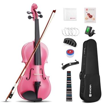 Imagem de Vangoa Conjunto completo de violino tamanho 3/4, violino acústico violino rosa para iniciantes adultos adolescentes grils estudantes crianças 9-12, pacote inicial de violino com estojo rígido, resina,