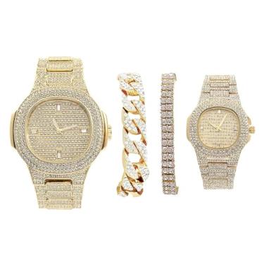 Imagem de Conjunto de relógio hip hop Bling'ed Out King and Queen, perfeito para casais poderosos!! para exibir dentro e fora da pista de dança - ST10325/ST10364 para ele e para ela, ST10235KB/ST10381 Ouro,