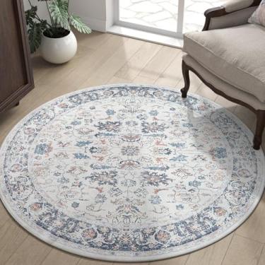 Imagem de jinchan Tapete redondo de 1,5 m – Lavável Boho Vintage Floral Círculo 1,5 m Capa de piso redonda leve de pelo baixo tapete antiderrapante para cozinha, sala de estar, quarto, sala de jantar,