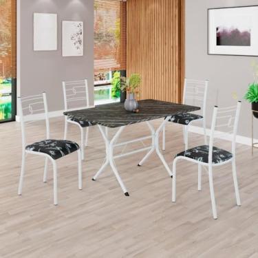 Imagem de Conjunto Sala de Jantar Mesa Retangular 100x60cm Tampo Pedra Ardósia Indiana 4 Cadeiras Paraty Preto Floral/Branco