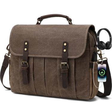 Imagem de BOVIP Bolsa mensageiro masculina vintage de 15,6 polegadas de couro legítimo, bolsa de ombro para laptop com USB, porta de fone de ouvido, Marrom, Medium