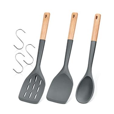 Imagem de Pacote com 3 espátulas de silicone, conjunto de utensílios de cozinha antiaderentes com cabo de aço inoxidável, espátula de cozinha para assar, misturar, grelhar, servir alimentos resistentes ao calor, ganchos sem arranhões incluídos (cinza)