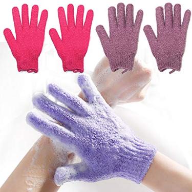 Imagem de Exfoliating Bath Loofah Gloves Body Scrub Wash Mitts Skin Massage Sponge Towel Deep Cleansing Dead Skin Brush Scrub Luxury Spa Heavy with Lanyard Scrubber 2 Pair (Purple and red)