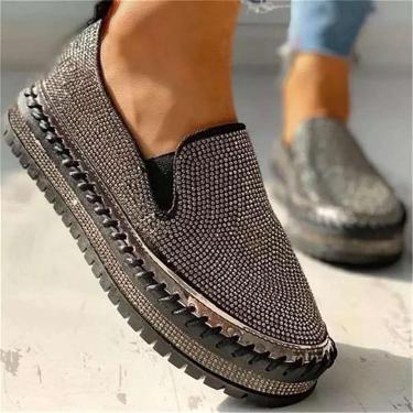 Imagem de Sapato feminino plataforma com strass slip-on casual glitter muffin respirável tênis redondo com suporte de arco mocassins planos, prata, 3,5 Reino Unido