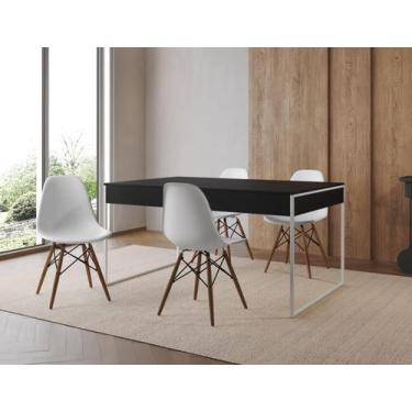 Imagem de Conjunto Industrial Filadelfia 137x90 Ferro Branco Tampo Preto 4 Cadei