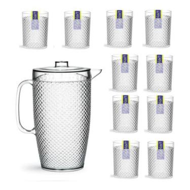 Imagem de Kit 1 Jarra 3l E 10 Copos Acrílico Resistente Acrilico Crystal 490 Ml 