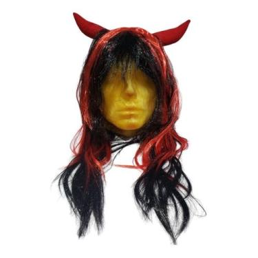 Imagem de Peruca Diabinha Com Chifres Ondulada 60cm Festa Cosplay - Genérica