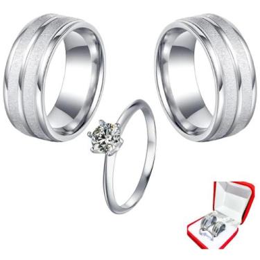 Imagem de Par Alianças Prata Namoro Risco Friso 6mm + Anel Solitário 2mm Pedra B