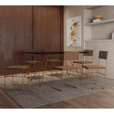 Imagem de Mesa Jantar Retangular Industrial Trama 1,50x0,90m Preta Com 6 Cadeiras Estofadas Marrom E Cobre Vit Preto