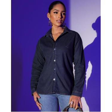 Imagem de Camisa jeans feminina com bordado e pence 24229 - CONSCIÊNCIA, Escura,