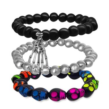Imagem de MEMFALL Pulseira de Halloween com contas de esqueleto gótico, corrente elástica, esqueleto, abóbora, conjunto de pulseiras empilhadas, joias de Halloween, ADJUSTABLE, Liga metálica, Sem Pedra Preciosa