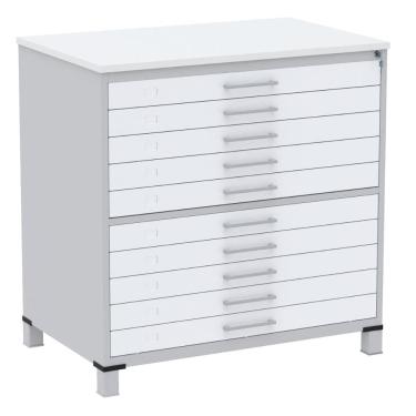 Imagem de Mapoteca 10 Gavetas Pandin 120cm (Larg) Inmetro Tampo MDP Branco Estrutura Aço Cinza Gavetas Brancas