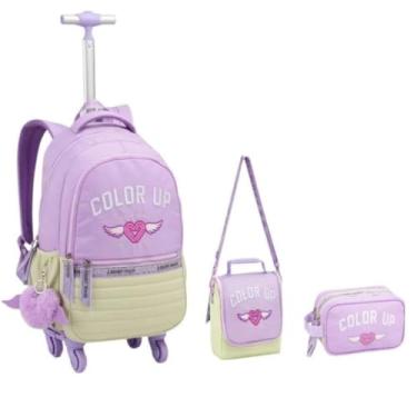 Imagem de KIT de Mochila G Rodinha 360° Feminina Candy Collor Com Chaveiro 2025 Escolar Juvenil Lancheira Térmica e Estojo (LILÁS)