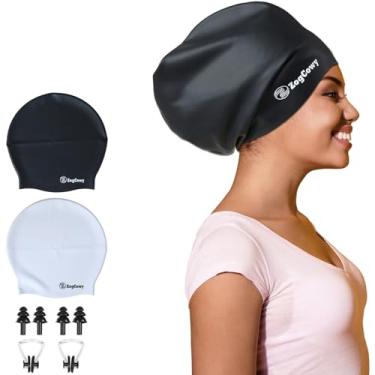 Imagem de Touca de natação feminina extra grande para tranças e dreadlocks, touca de natação de silicone para manter o cabelo seco para extensões de cabelo longo, touca de banho à prova d'água, 2 unidades