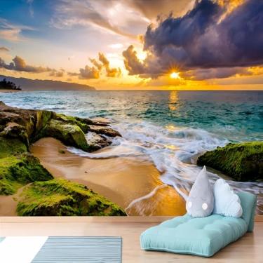 Imagem de Lcythiazole Papel de parede oceano mural pôr do sol mural onda praia natureza paisagem foto para sala de estar quarto banheiro quarto de crianças tamanho personalizável destacar e colar