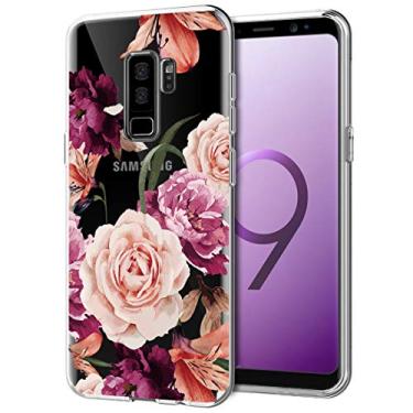 Imagem de Ueokeird Capa protetora para celular Galaxy S9 Plus 6,2 polegadas (2018), fina, à prova de choque, transparente, flexível, flexível, TPU floral, para Samsung Galaxy S9+ Plus (flor roxa)