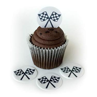 Imagem de Topo de papel wafer bandeira quadriculada de corrida de carros 3,5 cm para decorar sobremesas, cupcakes, bolos de aniversário, biscoitos, pacote com 12