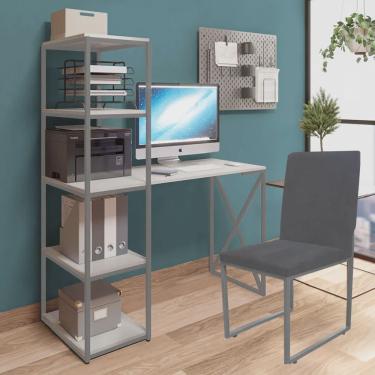 Imagem de Kit Escritório Mesa Max BeX 5 Prateleiras e Cadeira Stan Cinza Tampo Branco Sintético Cinza - Ahz Móveis