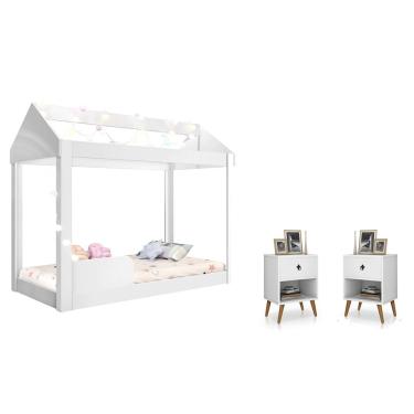 Imagem de Quarto Infantil Completo com Mesa de Cabeceira 1 Gav e Cama Montessoriana Crystal Branco - Rede Móveis