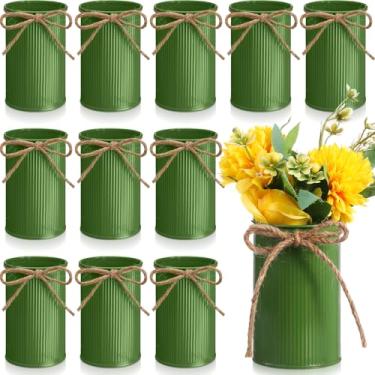 Imagem de Domensi Vaso de fazenda pequeno de 11 cm para decoração de vaso de flores vintage com laço de barbante baldes rústicos de metal galvanizado para flores artificiais para mesa de centro de mesa e