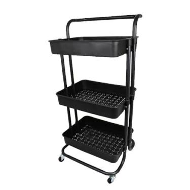 Imagem de Carrinho Organizador Multiuso Com Rodinhas Banheiro Lavanderia 3 Prateleiras Em Aço Carbono Cor Preto(YT2463(Bandeja de plástico),Preto)