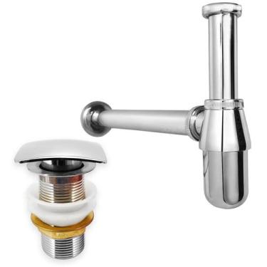 Imagem de Kit Sifão Copo Cromado Metal 1 1/4 E Valvula Click Quadrada Inox 40mm 
