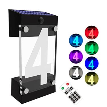 Imagem de IVWVI Placa de endereço solar acrílica, números de casa solares iluminados por LED, controle remoto à prova d'água RGBW que muda de cor, placa de endereço moderna iluminada alimentada por energia