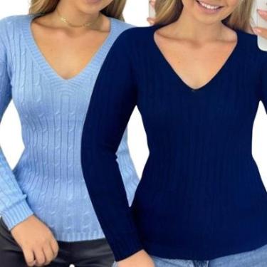 Imagem de Kit 2 Blusas Femininas Industrie Suéter Malha Tricô Bebê e Marinho Manga Longa Tamanho:Único;Cor:-Feminino