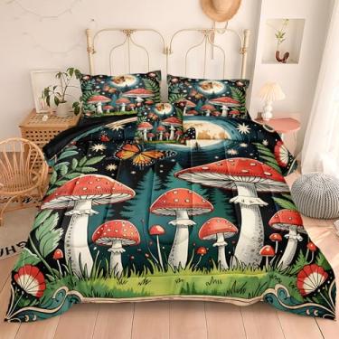Imagem de Chumerry Conjunto de edredom botânico floresta, cogumelo vermelho, folha verde, relva, borboleta, misteriosa, floresta, lua, estrelas, galáxia, decoração de quarto