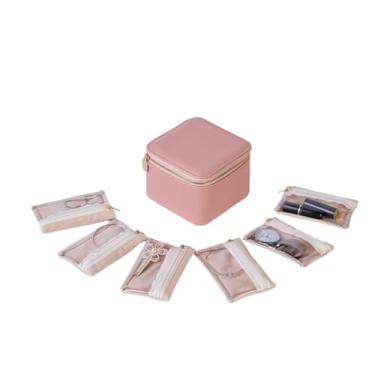 Imagem de VVZOWW Organizador de joias de couro PVC estojo compacto de viagem, vários compartimentos, colares, pulseiras, brincos, anéis, leve, durável, presente perfeito para 6 bolsas de flanela (Pink01)