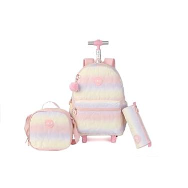 Imagem de kingdisen Wheels Mochila infantil com rodinhas para bagagem primária, mochila escolar com lancheira, conjunto de 3 peças, Rosa acolchoado, Large, Divertido e fofo