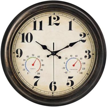 Imagem de zyzamay Relógio de parede retrô de 33 cm com termômetro e higrômetro, impermeável e silencioso, números grandes e fáceis de ler, ideal para quarto, escritório, sala de estar, varanda, jardim, piscina