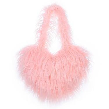 Imagem de Bolsa de ombro feminina de pele sintética de lã retrô bolsa de ombro fofa bolsa transversal bolsa de cor sólida em forma de amor, Rosa claro