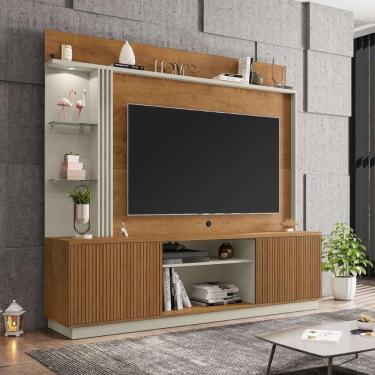 Imagem de Rack Com Painel Para Até 65 Polegadas Com Led Vidros E 2 Portas Multimóveis Cr45275 Naturalle/off White/ripado