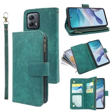 Imagem de Dibosom Capa carteira para Motorola Moto G53 5G com cordão de pulso e couro vintage premium flip porta-cartão de crédito acessórios capa de celular para G 53 53G mulheres homens verde
