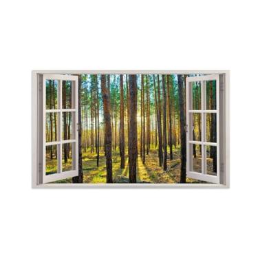 Imagem de LXURY Arte de parede em tela de janela aberta - imagem falsa - impressões de natureza pintura de paisagem para quarto banheiro decoração de parede de casa - pôr do sol floresta árvores tronco 30 x 50