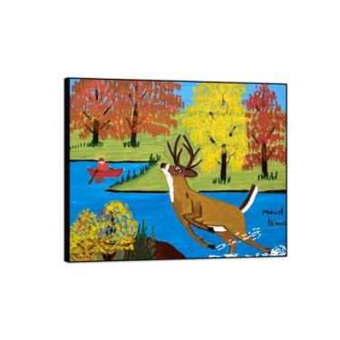 Imagem de Maud Lewis Canvas Wall Art Pictures-Famous Art Prints-Reprodução em tela - Pôster de arte de pintura animal para decoração de casa - Deer Crossing Stream 50 x 60 cm 20 x 24 polegadas moldura preta