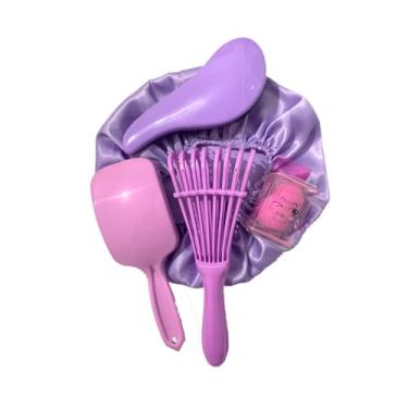 Imagem de Kit 03 Escova com Raquete Fashion Touca de Cetim e Esponjinha para Maquiagem (Lilás/Preto)