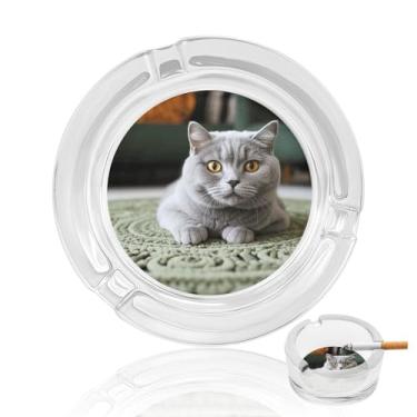 Imagem de Cinzeiro de vidro cristal de gato no tapete, cinzeiro redondo de vidro resistente para fumar, portátil, decorativo, moderno, para uso em casa, escritório, interior, exterior, pátio